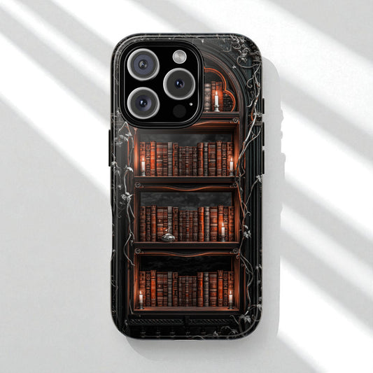 Dark Academia iPhone Case, Gothic Magical Bookshelf with Candles, Vintage Library Aesthetic Phone Cover, Fantasy Book Lover Gift