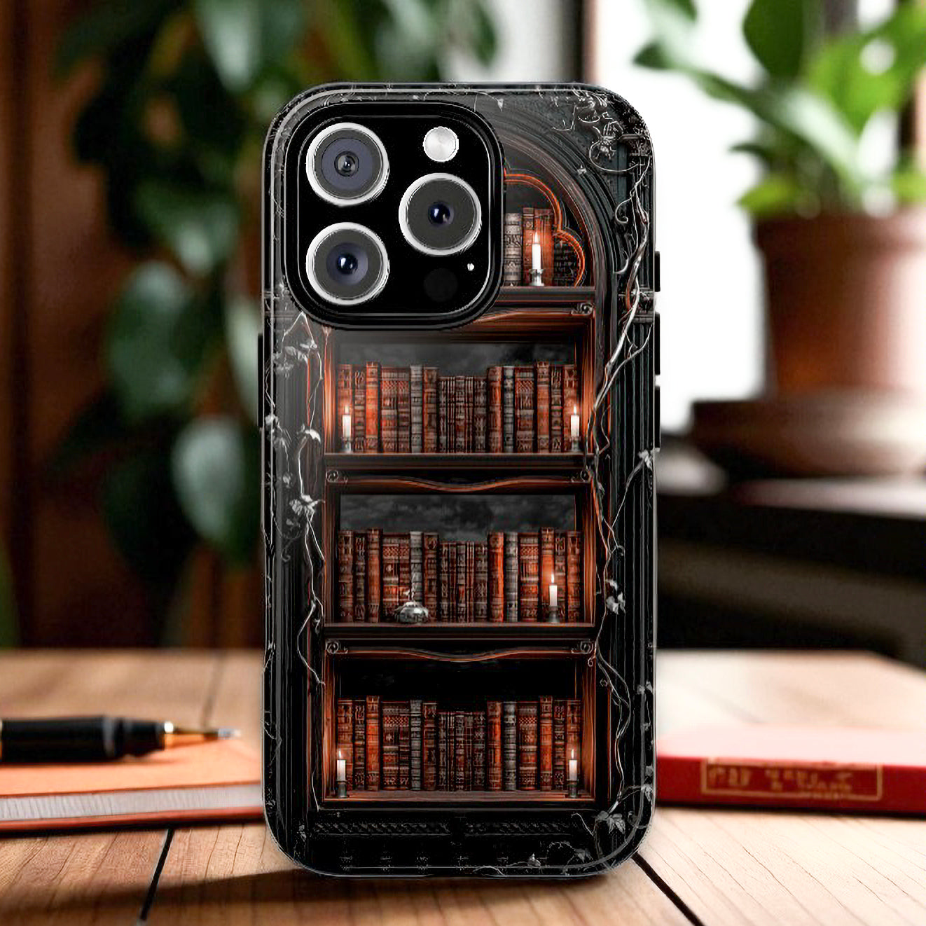 Dark Academia iPhone Case, Gothic Magical Bookshelf with Candles, Vintage Library Aesthetic Phone Cover, Fantasy Book Lover Gift