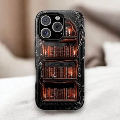 Dark Academia iPhone Case, Gothic Magical Bookshelf with Candles, Vintage Library Aesthetic Phone Cover, Fantasy Book Lover Gift
